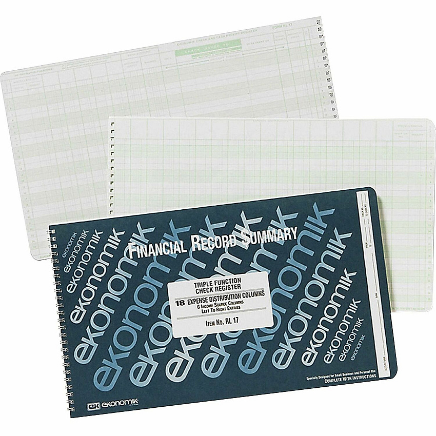 Ekonomik Standard Size Triple Function Check Registry 40 Sheet(s) - Wire Bound - 14.75" x 8.75" Sheet Size - 18 Columns per Sheet - White Sheet(s) - Green Print Color - Recycled - 1 Each (RL17)
