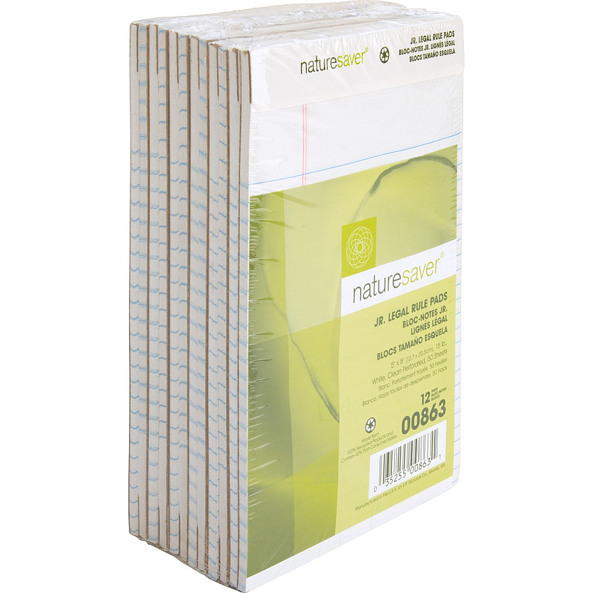 Nature Saver 100% Recycled White Jr. Rule Legal Pads - Jr.Legal 50 Sheets - 0.28" Ruled - 15 lb Basis Weight - Jr.Legal - 5" x 8" Sheet Size - White Paper - Perforated, Back Board - Recycled - 12 / Dozen (00863)