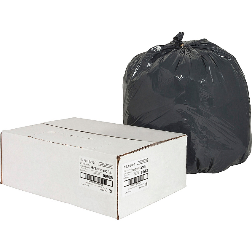 Nature Saver Black Low-density Recycled Can Liners Small Size - 16 gal Capacity - 33" Length x 24" Width x 0.85 mil (22 Micron) Thickness - Low Density - Black - Plastic - Cleaning Supplies - Recycled - 1 Carton (00988)