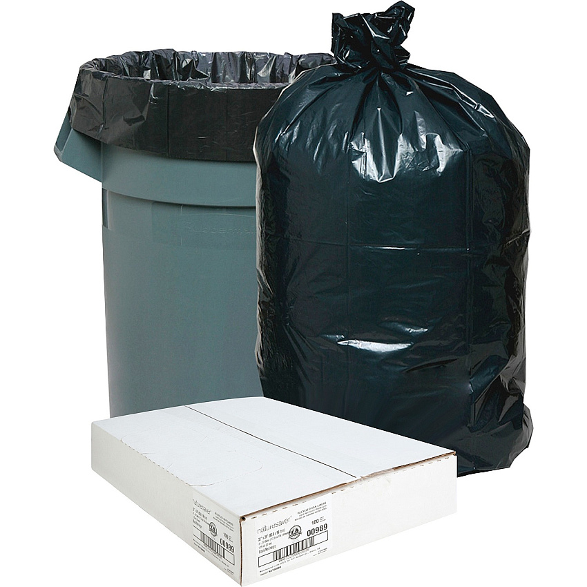 Nature Saver Black Low-density Recycled Can Liners Medium Size - 33 gal Capacity - 39" Length x 33" Width x 1.25 mil (32 Micron) Thickness - Low Density - Black - Plastic - Cleaning Supplies - Recycled - 1 Carton (00989)