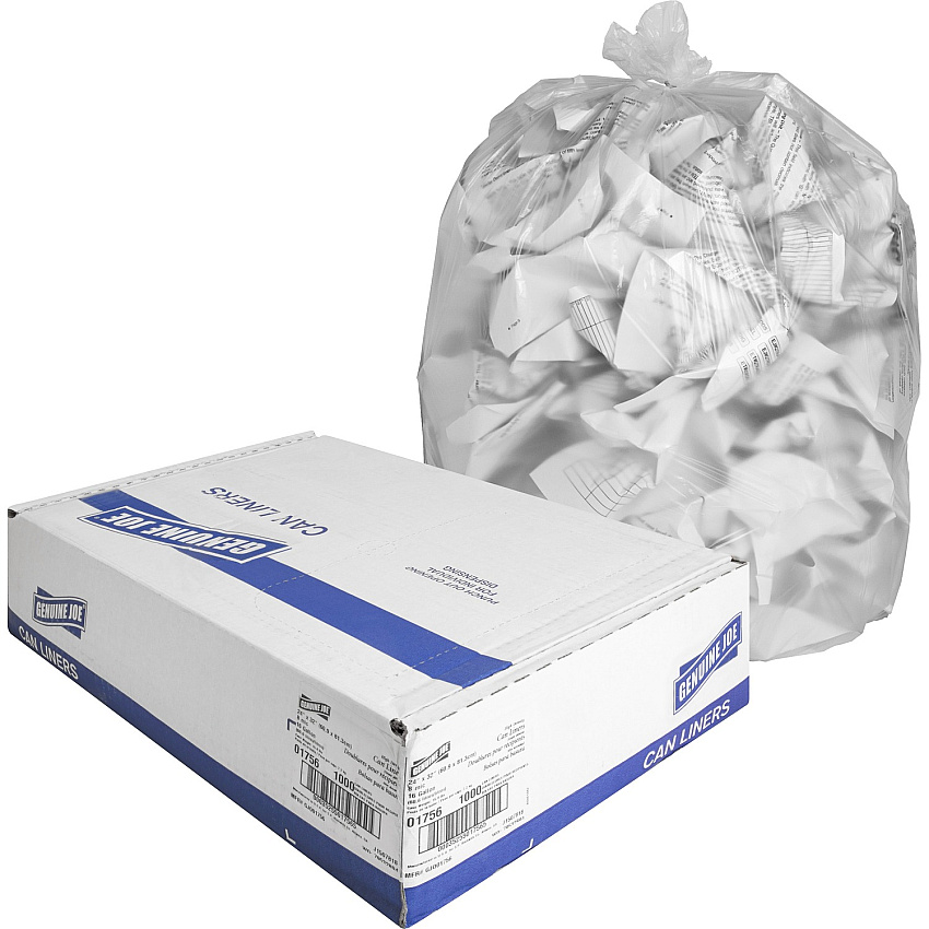 Genuine Joe High-Density Can Liners Small Size - 16 gal Capacity - 32" Length x 24" Width x 0.31 mil (8 Micron) Thickness - High Density - Clear - Resin - Office Waste, Industrial Trash - 50/Roll - 20 / Carton (GJO01756)