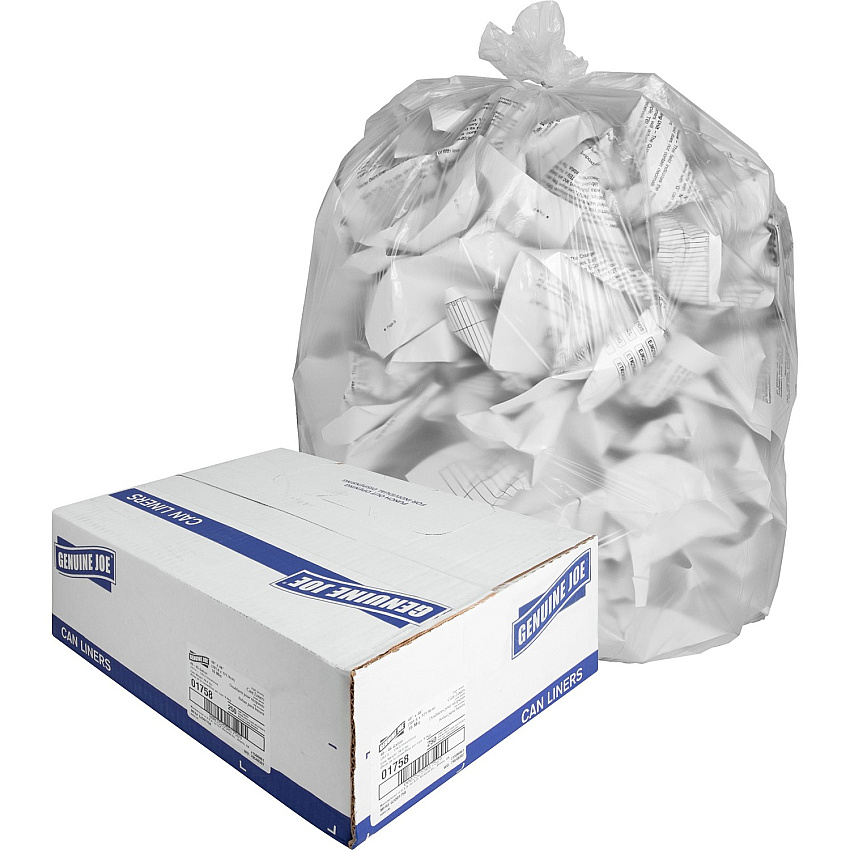 Genuine Joe High-density Can Liners Large Size - 45 gal Capacity - 48" Length x 40" Width x 0.63 mil (16 Micron) Thickness - High Density - Clear - Resin - Office Waste, Industrial Trash - 25/Roll - 10 / Carton (GJO01758)