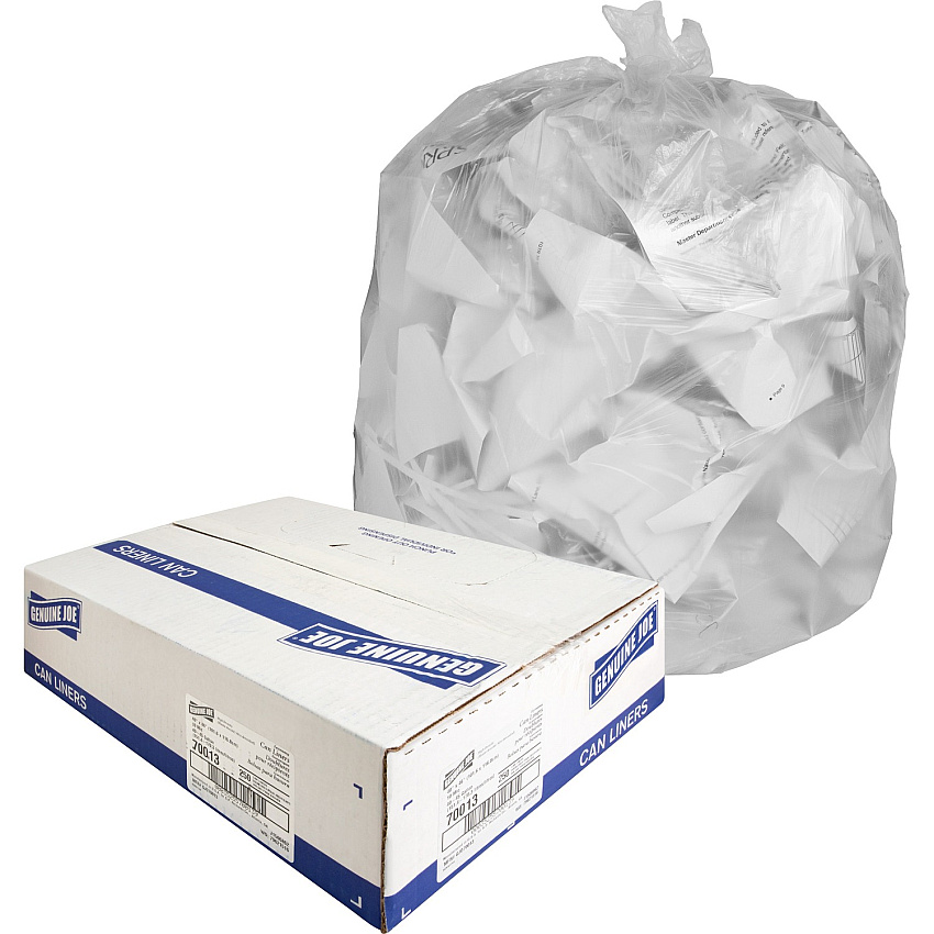 Genuine Joe Economy High-Density Can Liners Large Size - 45 gal Capacity - 46" Length x 40" Width x 0.39 mil (10 Micron) Thickness - High Density - Translucent - Resin - 250 / Carton (GJO70013)