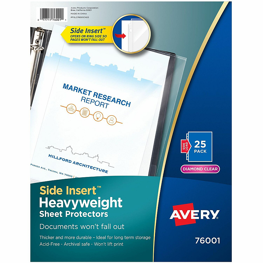 Avery&reg; Side Insert Sheet Protectors For Letter 8 1/2" x 11" Sheet - 3 x Holes - Ring Binder - Side Loading - Clear, Diamond Clear - Polypropylene - 1 Pack (76001)