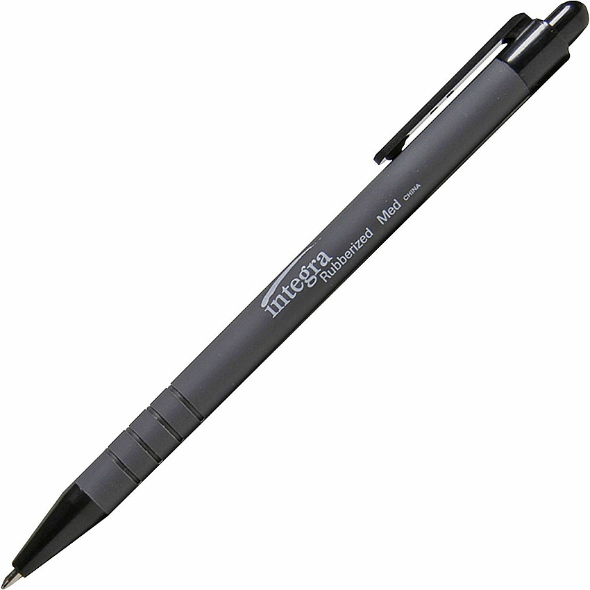 Integra Rubber Barrel Retractable Ballpoint Pens 1 mm Medium Pen Point - Retractable - Black Ink - Rubber Barrel - 12 / Dozen (30031)