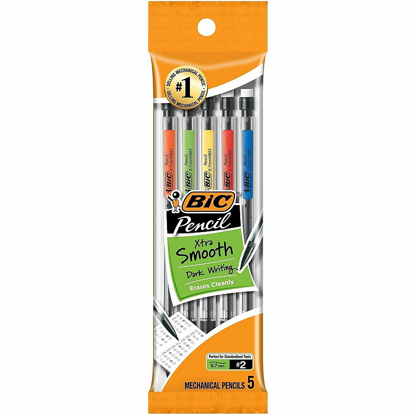 BIC Xtra-Smooth No. 2 Mechanical Pencils With Erasers 0.7 mm Lead - #2 - 5 / Pack (MPP51)