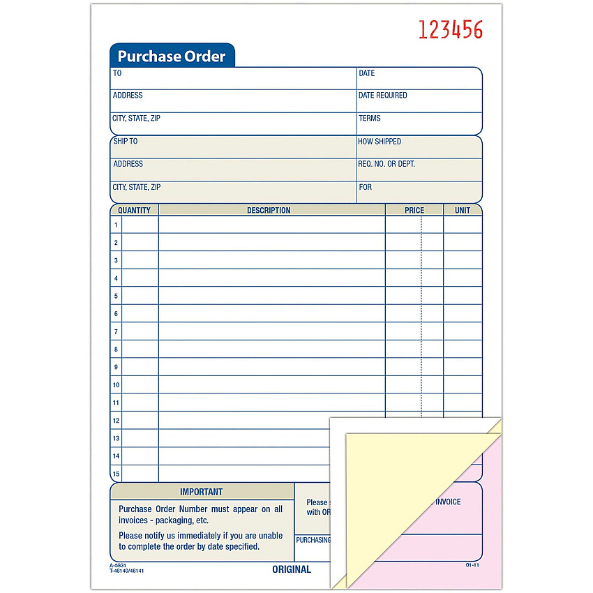 Adams 3-Part Carbonless Purchase Order Forms 3 Part - Carbonless Copy - 5.56" x 8.43" Sheet Size - Blue, White - 1 Each (TC5831)