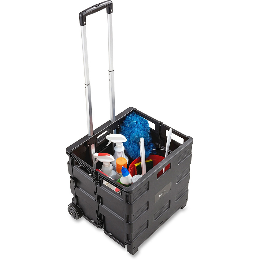 Safco Stow Away Folding Caddy Telescopic Handle - 50 lb Load Capacity - 2 Casters - 16.50" Width x 14.50" Depth x 39" Height - Black, Silver - 1 Each (4054BL)