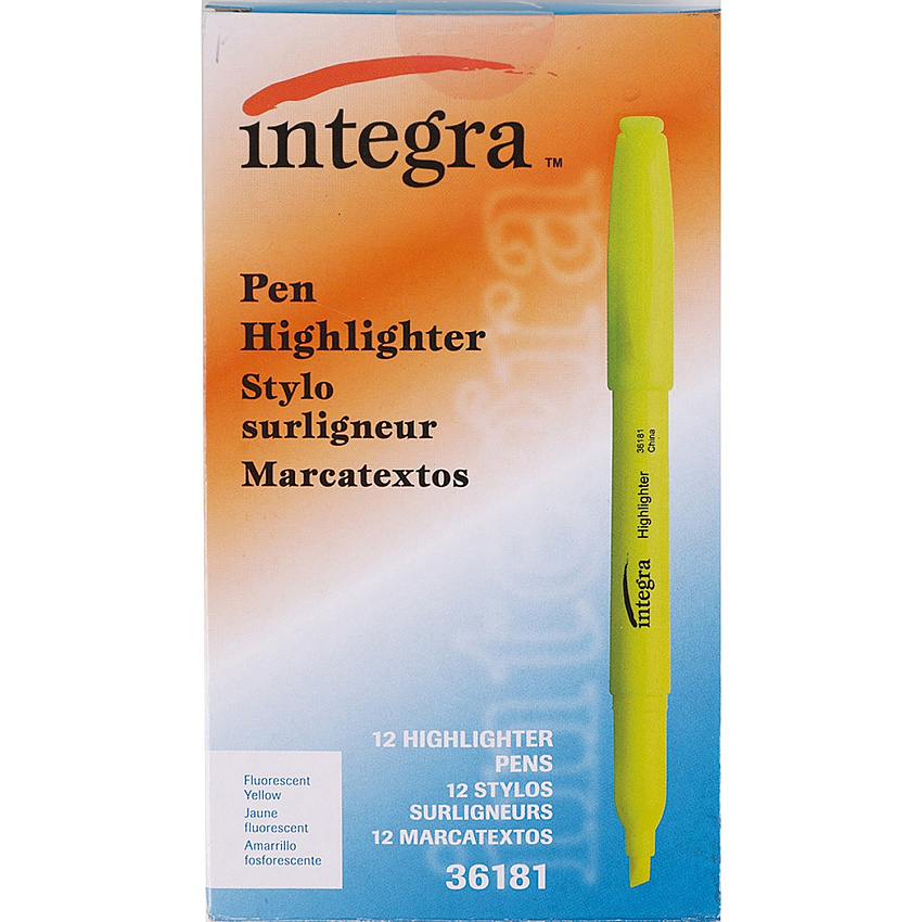 Integra Pen Style Fluorescent Highlighters Yellow Ink - 12 / Dozen (36181)
