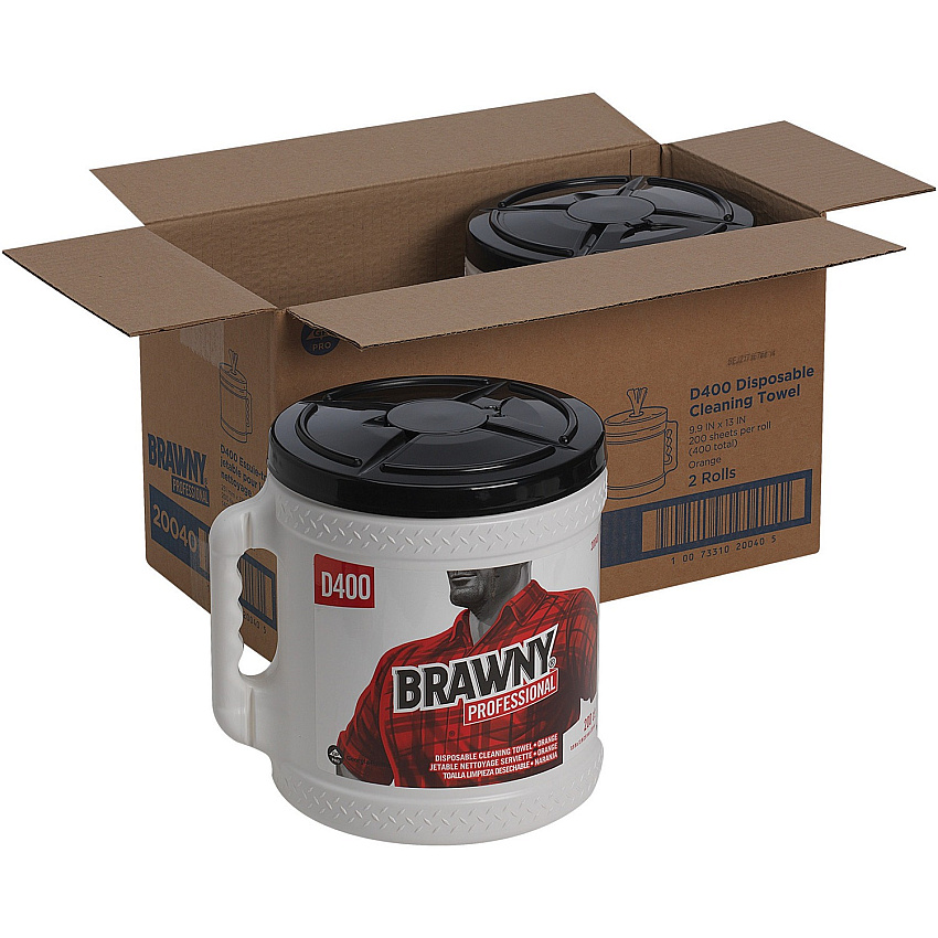 Brawny&reg; Professional D400 Disposable Cleaning Towels With Bucket 9.90" Width x 13" Length - 200 Sheets/Roll - Orange - 2 / Carton (20040)