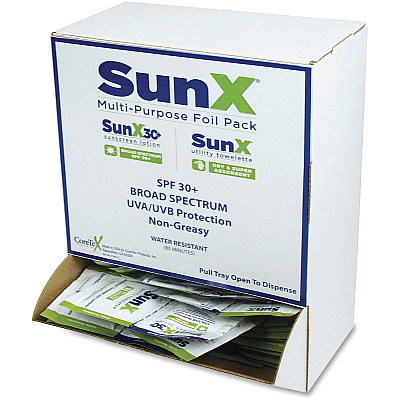SunX CoreTex SPF30 Sunscreen Towelettes with Dispenser Lotion - Non-greasy, Water Resistant, Sweat Proof, Oil-free, PABA-free - 50/Dispenser Box - 1 Each (CTSS010661)