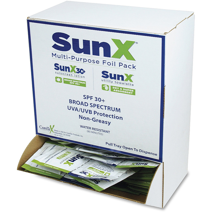 SunX CoreTex SPF30 Sunscreen Towelettes with Dispenser Lotion - Non-greasy, Water Resistant, Sweat Proof, Oil-free, PABA-free - 50/Dispenser Box - 1 Each (CTSS010661)