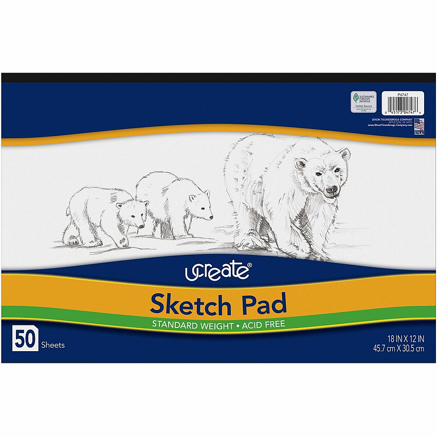 UCreate Medium Weight Sketch Pads 50 Sheets - 18" x 12" Sheet Size - White Paper - Mediumweight, Acid-free - Recycled - 1 Pad (4747)