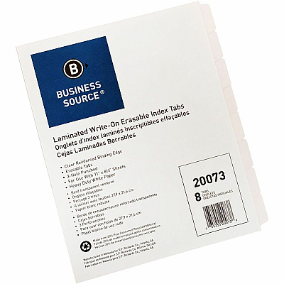 Business Source 3-Ring 8-Tab Indexes 8 Write-on Tab(s) - 1.25" Tab Width - 8.5" Divider Width x 11" Divider Length - Letter - 3 Hole Punched - White Divider - White Mylar Tab(s) - 100% Recycled - Reinforced Edges, Punched - 1 Set (BSN20073)
