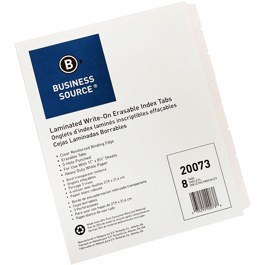 Business Source 3-Ring 8-Tab Indexes 8 Write-on Tab(s) - 1.25" Tab Width - 8.5" Divider Width x 11" Divider Length - Letter - 3 Hole Punched - White Divider - White Mylar Tab(s) - 100% Recycled - Reinforced Edges, Punched - 1 Set (BSN20073)