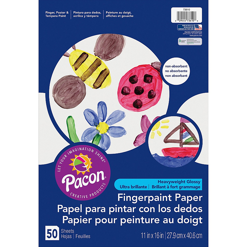 Pacon Coated Finger Paint Art Paper 50 Sheets - 11" x 16" Sheet Size - White Paper - Non Absorbant, Bleed Resistant, Smear Resistant - 1 Pack (73610)