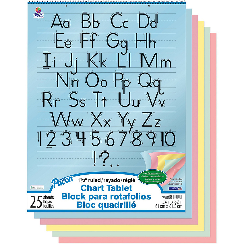 Pacon Colored Paper Chart Tablet 25 Sheets - 1.50" Ruled - 24" x 32" Sheet Size - 24" Height x 32" Width - Assorted Paper - Punched, Spiral Bound - Recycled - 1 Each (74733)