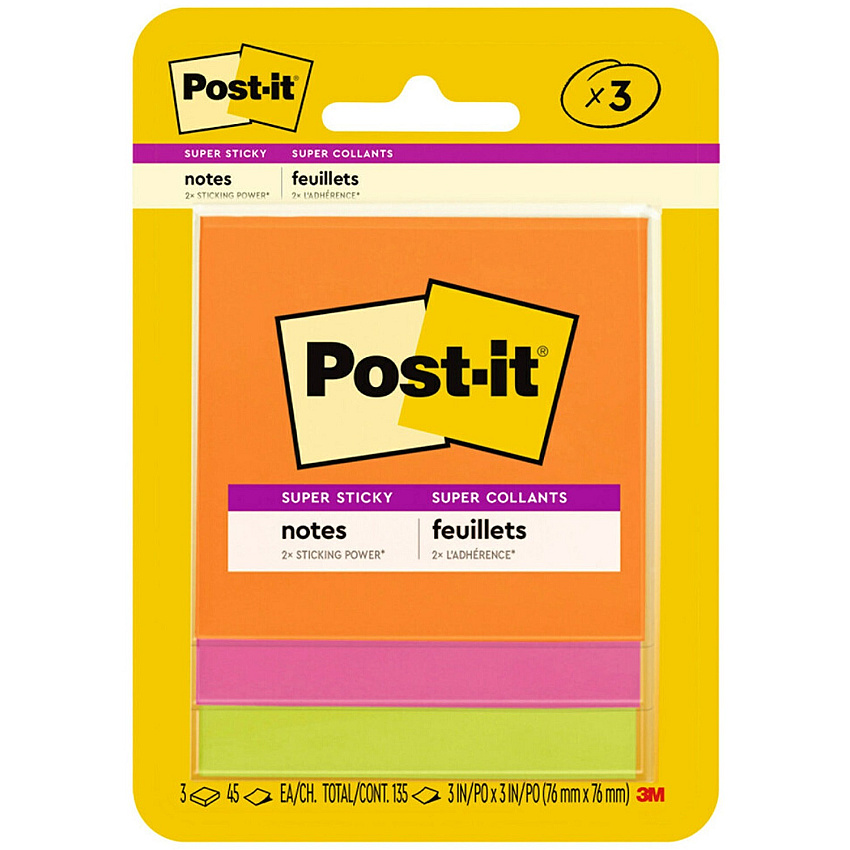 Post-it&reg; Super Sticky Note Pads - Energy Boost Color Collection 135 - 3" Flag/Note Width x 3" Flag/Note Length - Square - 45 Sheets per Pad - Unruled - Vital Orange, Tropical Pink, Limeade - Paper - Self-adhesive - 1 Pack (3321SSAU)