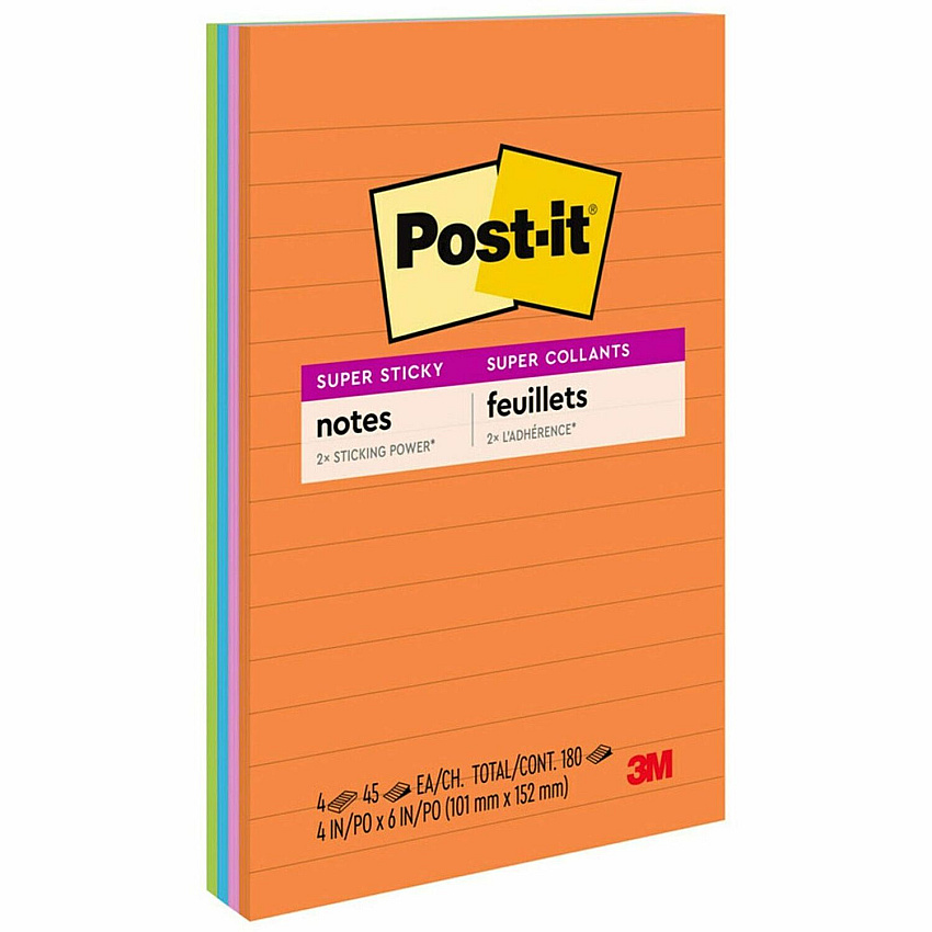 Post-it&reg; Super Sticky Notes - Energy Boost Color Collection 180 - 4" Flag/Note Width x 6" Flag/Note Length - Rectangle - 45 Sheets per Pad - Ruled - Vital Orange, Tropical Pink, Blue Paradise, Limeade - Paper - Self-adhesive, Repositionable (4621SSAU)