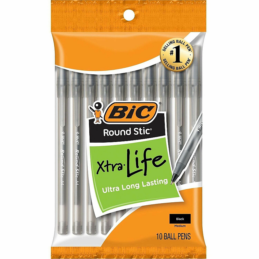 BIC Round Stic Ballpoint Pens Medium Pen Point - Black Ink - 10 / Pack (GSMP101BK)