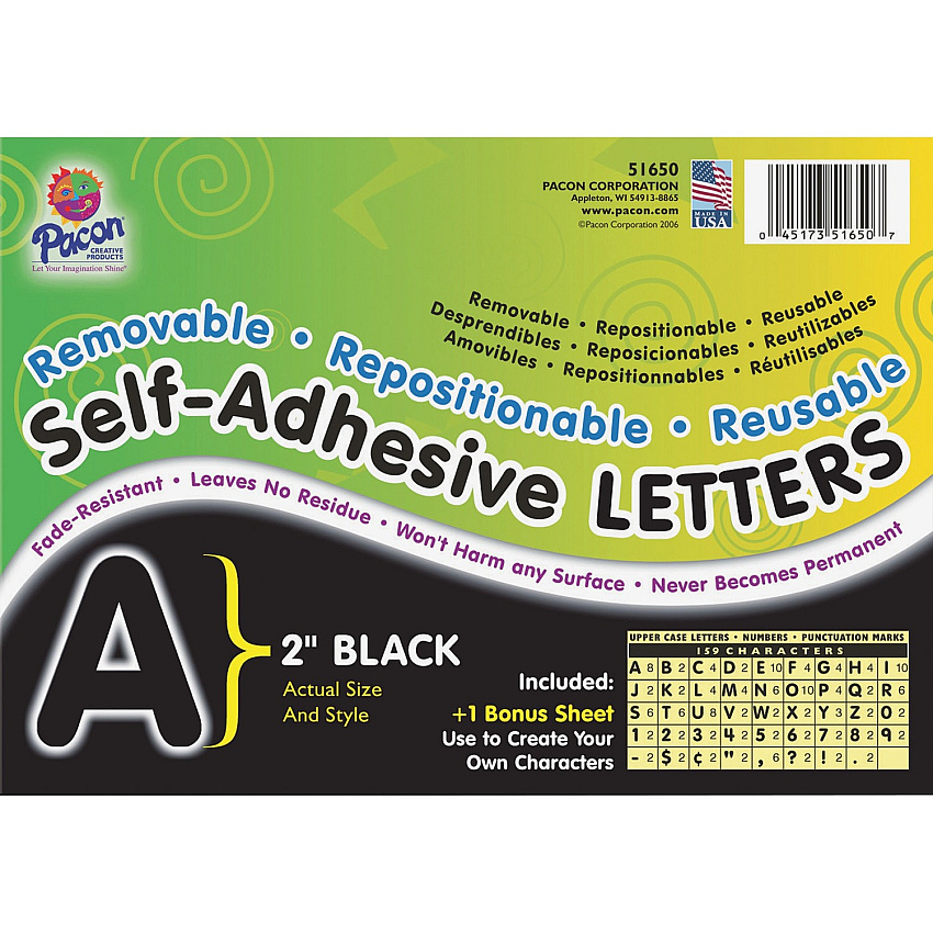 UCreate Reusable Self-Adhesive Letters Uppercase Letters, Number, Punctuation Marks Shape - Self-adhesive - Acid-free, Fadeless - 2" Length - Black - 159 / Pack (51650)
