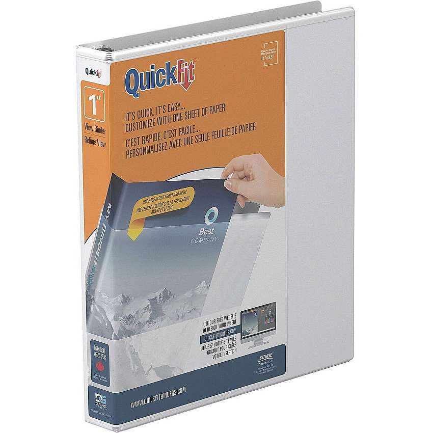 QuickFit View Binder, 3-Ring Binder, Angle D Ring, 1 Inch, White 1" Binder Capacity - Letter - 8 1/2" x 11" Sheet Size - 225 Sheet Capacity - 3 x 1" Ring - Fastener: D-Ring - Polypropylene - White - Recycled - Clear Overlay - 1 Each (870100)