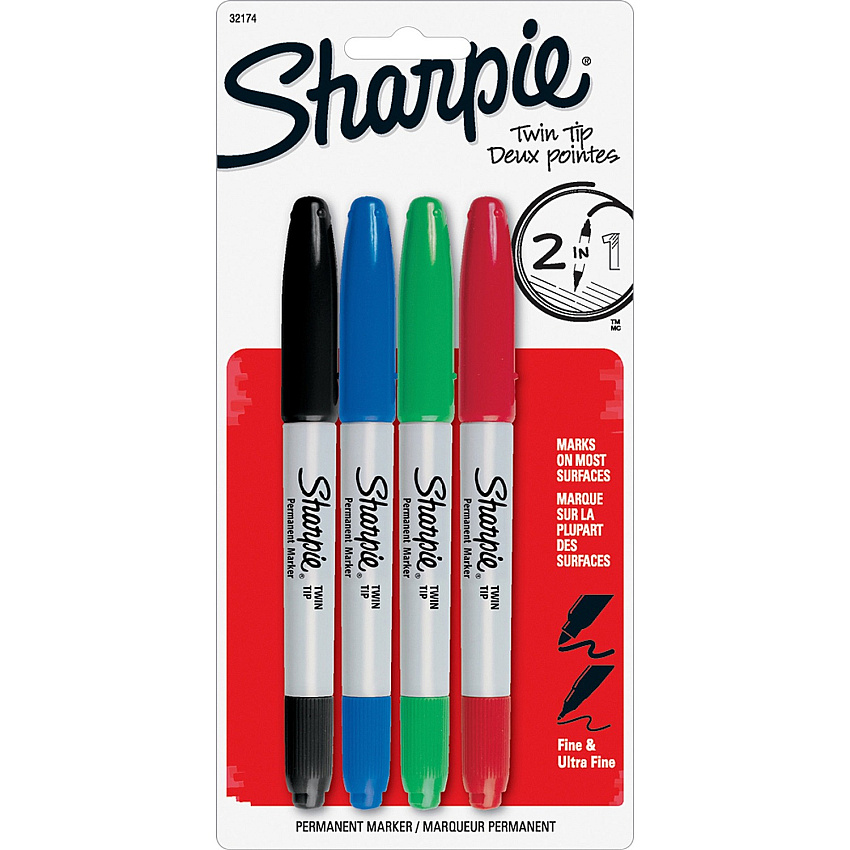 Sharpie Twin-Tip Markers Black, Red, Blue, Green Ink - Alcohol Based - 4 / Set (32174PP)