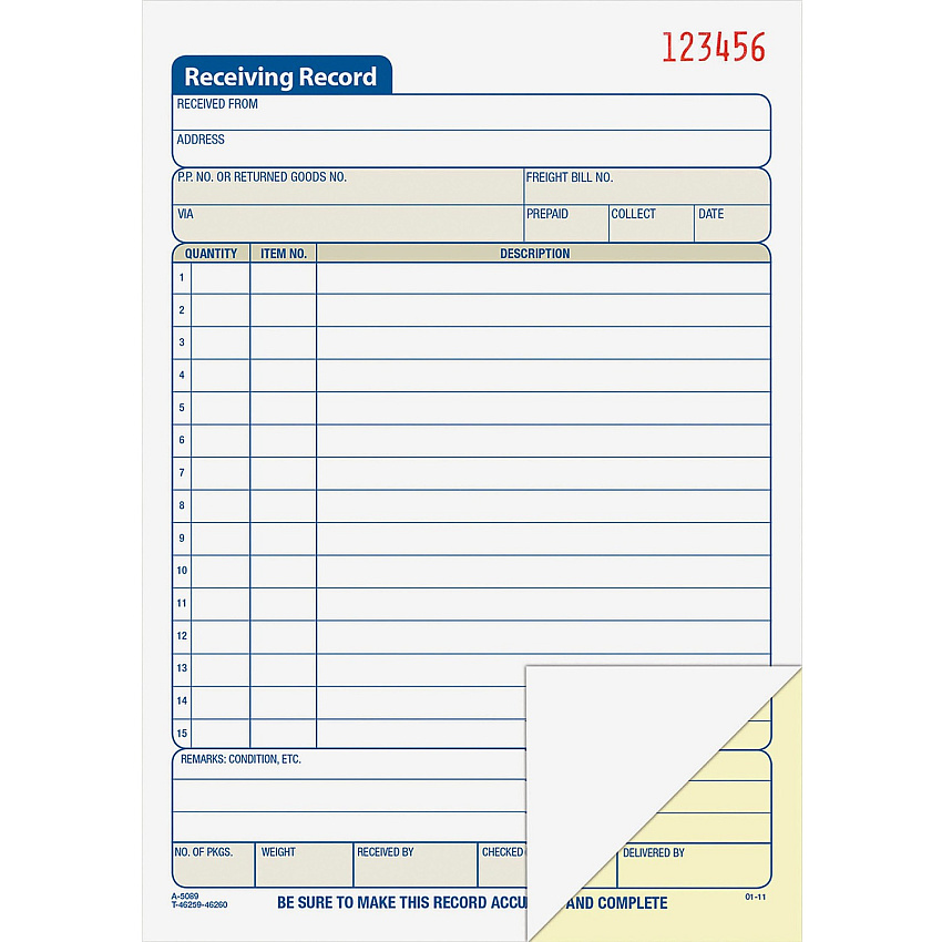 Adams Carbonless Receiving Record Book 50 Sheet(s) - 2 Part - Carbonless Copy - 5.56" x 8.43" Sheet Size - White - 1 Each (DC5089)