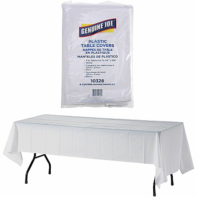 Genuine Joe Plastic Rectangular Table Covers 108" Length x 54" Width - Plastic - White - 6 / Pack (GJO10328)
