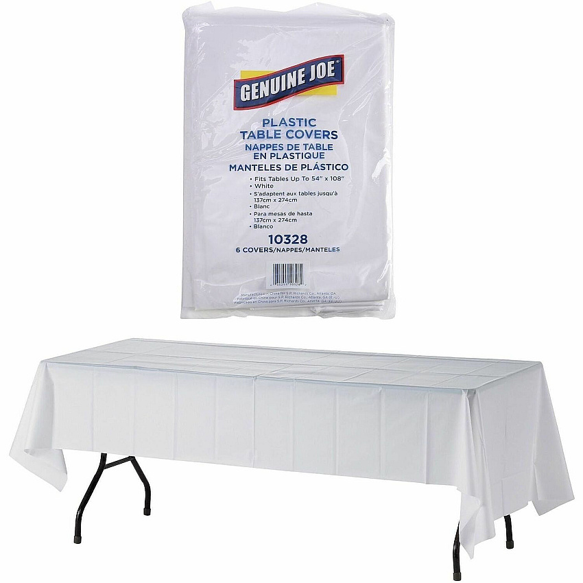 Genuine Joe Plastic Rectangular Table Covers 108" Length x 54" Width - Plastic - White - 6 / Pack (GJO10328)