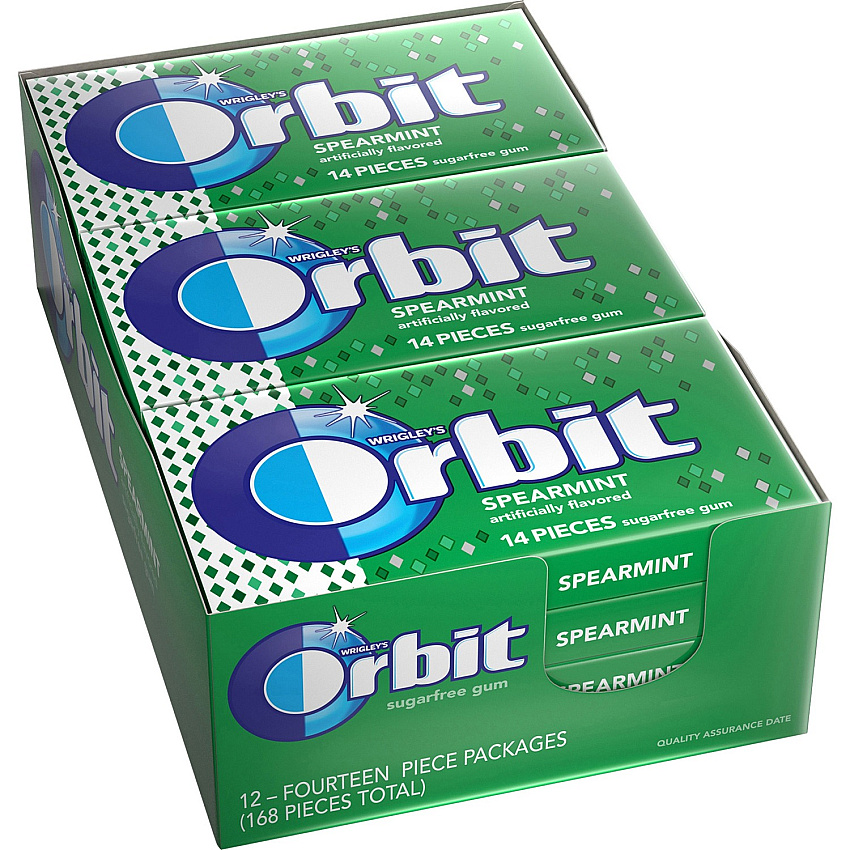 Orbit Spearmint Sugar-free Gum - 12 packs Spearmint - Individually Wrapped - 14 /Pack - 12 / Box (11484)