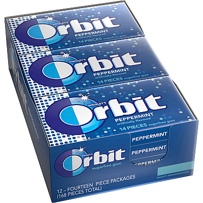 Orbit Peppermint Sugarfree Gum - 12 packs Peppermint - Individually Wrapped - 14 /Pack - 12 / Box (21486)
