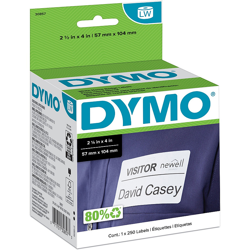 Dymo LabelWriter Adhesive Name Badges 4" Width x 2 1/4" Length - Removable Adhesive - Rectangle - Direct Thermal - White - 250 / Roll (30857)
