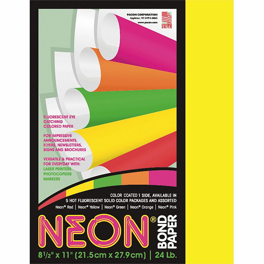 Pacon Neon Multipurpose Paper - Yellow Letter - 8 1/2" x 11" - 24 lb Basis Weight - Sustainable Forestry Initiative (SFI) - Neon Yellow - 1 Pack (104316)