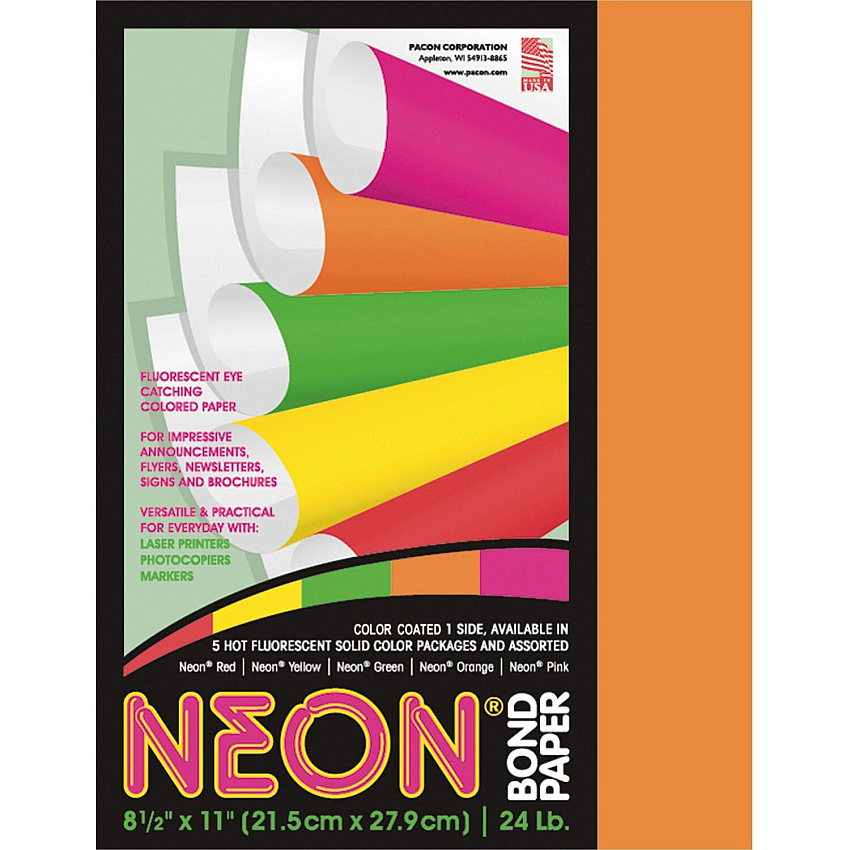 Pacon Neon Bond Paper - Orange Letter - 8 1/2" x 11" - 24 lb Basis Weight - Sustainable Forestry Initiative (SFI) - Neon Orange - 100 / Pack (104318)