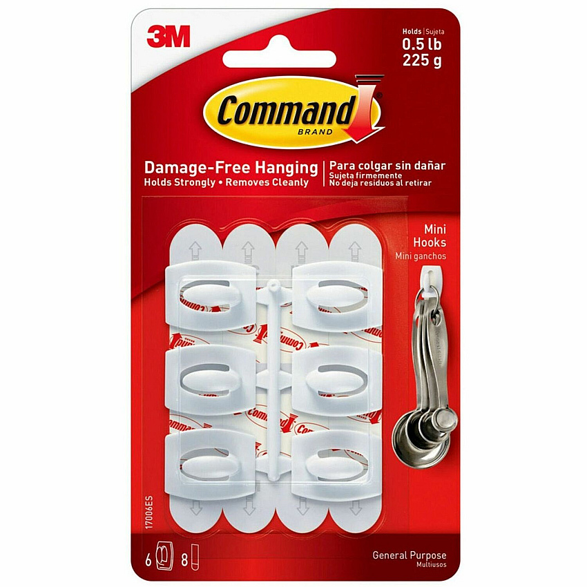 Command Mini White Hooks with White Strips 6 Small Hook - 8 oz (226.8 g) Capacity - Plastic - White - 1 Pack (17006)