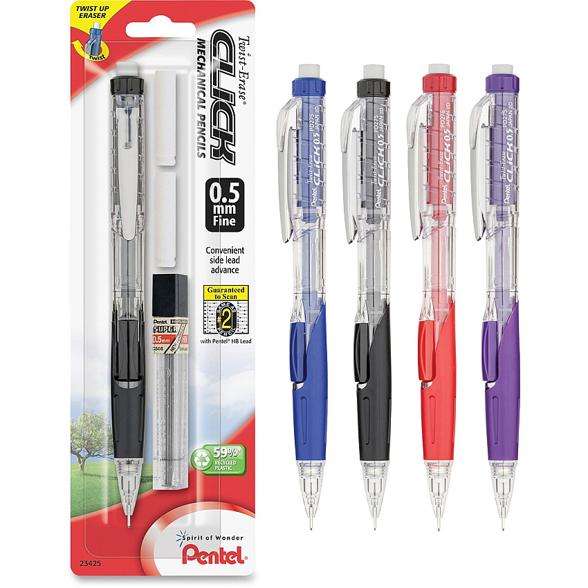 Pentel .5mm Twist Erase Click Mechanical Pencils 0.5 mm Lead - #2 - Refillable - Transparent Barrel - 1 Pack (PD275TLEBP)