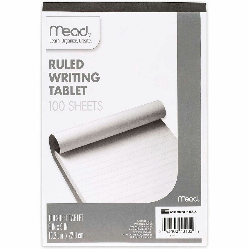 Mead Ruled Writing Tablet 100 Sheets - Ruled Front Ruling - 20 lb Basis Weight - 6" x 9" Sheet Size - White Paper - 1 Each (70102)