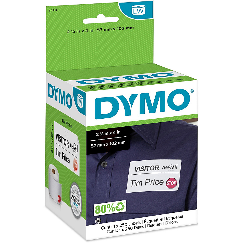Dymo LabelWriter Time-expire Name Badge Labels 2 1/4" Width x 4" Length - Rectangle - White - 250 / Roll - 250 / Roll (30911)