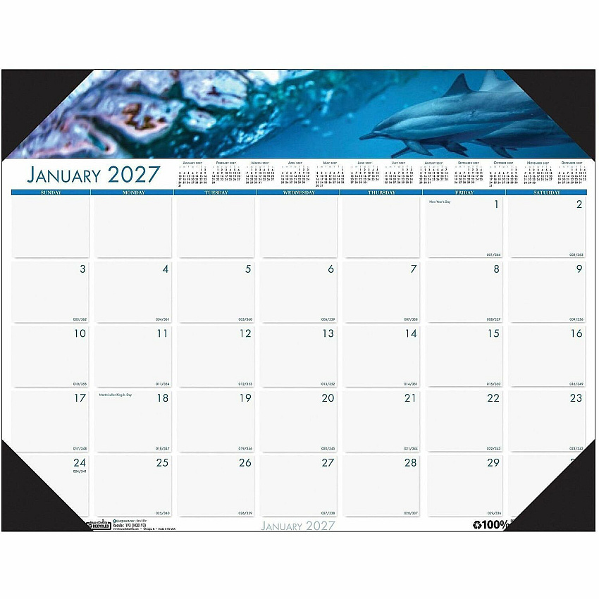 House of Doolittle EarthScapes Sea Life Desk Pads Julian Dates - Monthly - 12 Month - January 2027 to December 2027 - 1 Month Single Page Layout - 22" x 17" Sheet Size - 2.25" x 3.06" Block - Desk Pad - White - Leatherette, Paper - 1 Each (193)