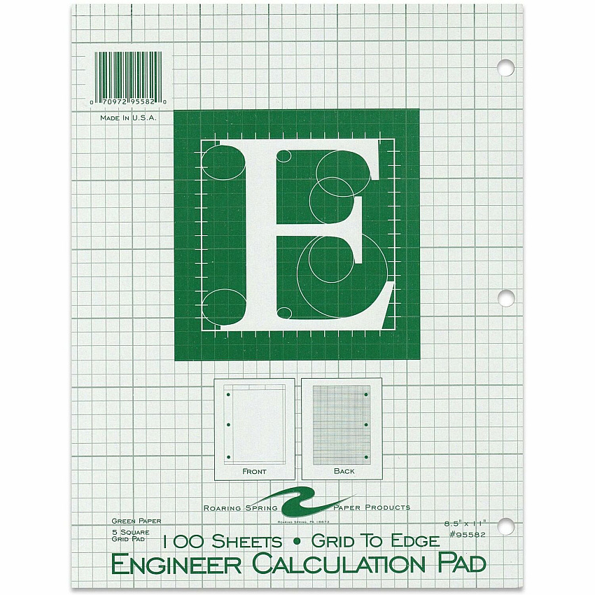 Roaring Spring 5x5 Grid Engineering Pad 100 Sheets - 200 Pages - Printed - Glued - Back Ruling Surface - 3 Hole(s) - 15 lb Basis Weight - 56 g/m² Grammage - Letter - 11" x 8 1/2" Sheet Size - 0.33" Height x 8.5" Width x 11" Length - Green Pap (95582)