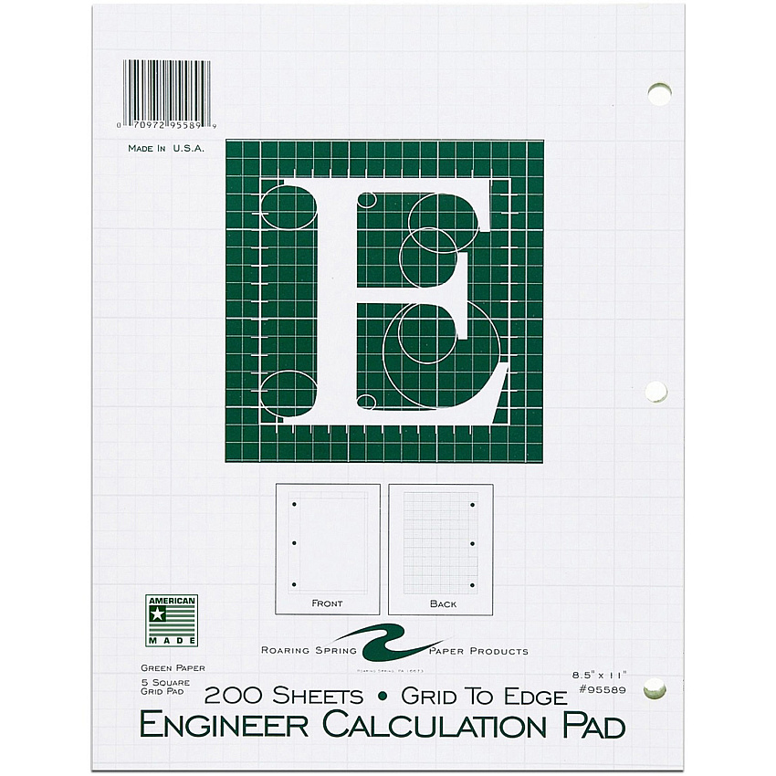 Roaring Spring 5x5 Grid Engineering Pad 200 Sheets - 400 Pages - Printed - Glued - Back Ruling Surface - 3 Hole(s) - 15 lb Basis Weight - 56 g/m² Grammage - Letter - 11" x 8 1/2" Sheet Size - 0.66" Height x 8.5" Width x 11" Length - Green Pap (95589)