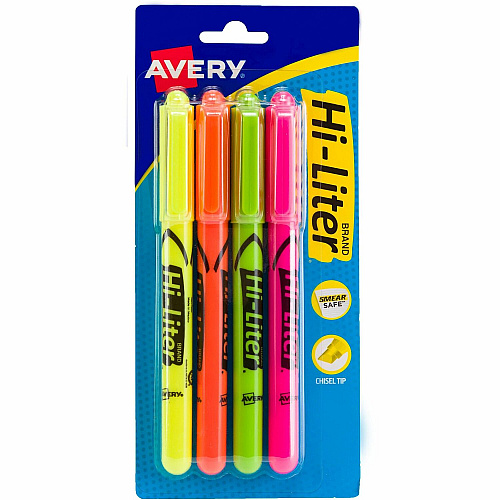 Avery&reg; Hi-Liter(R), Pen-Style, Assorted Colors, 4 Count Washable - Fluorescent Yellow, Fluorescent Pink, Fluorescent Orange, Fluorescent Green Ink - Water Based - Fluorescent Yellow, Fluorescent Pink, Fluorescent Orange, Fluorescent Green Barr (23545)
