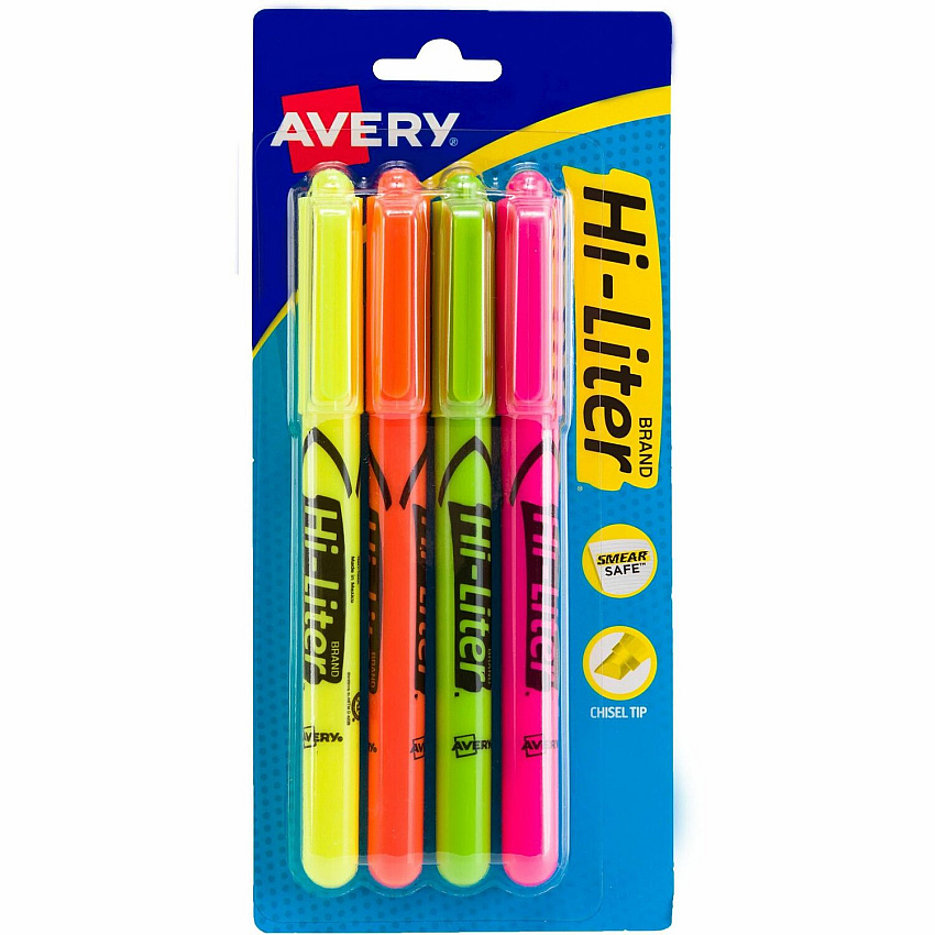 Avery&reg; Hi-Liter(R), Pen-Style, Assorted Colors, 4 Count Washable - Fluorescent Yellow, Fluorescent Pink, Fluorescent Orange, Fluorescent Green Ink - Water Based - Fluorescent Yellow, Fluorescent Pink, Fluorescent Orange, Fluorescent Green Barr (23545)