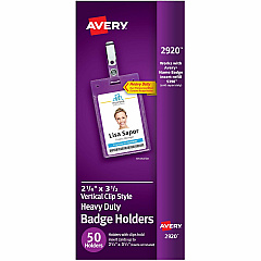 Avery® Heavy-Duty Badge Holders with Clips Support 2.25" x 3.50" Media - Portrait - 2.3" Width x 3.3" Length - Polyvinyl Chloride (PVC) - Clear - Reusable, Durable, Top Loading, Secure, Clip-on, Heavy Duty - 50 / Box (2920) Avery® Heavy-Duty Badge Holders with Clips Support 2.25" x 3.50" Media - Portrait - 2.3" Width x 3.3" Length - Polyvinyl Chloride (PVC) - Clear - Reusable, Durable, Top Loading, Secure, Clip-on, Heavy Duty - 50 / Box (2920)