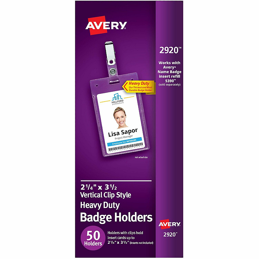 Avery&reg; Heavy-Duty Badge Holders with Clips Support 2.25" x 3.50" Media - Portrait - 2.3" Width x 3.3" Length - Polyvinyl Chloride (PVC) - Clear - Reusable, Durable, Top Loading, Secure, Clip-on, Heavy Duty - 50 / Box (2920)