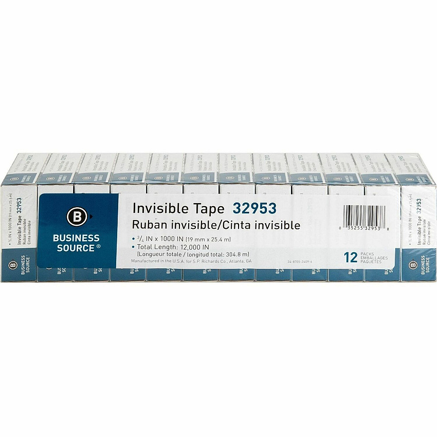Business Source Premium Invisible Tape Value Pack 27.78 yd Length x 0.75" Width - 1" Core - Clear - For Multipurpose, Splicing, Mending, Holding - 12 / Pack (BSN32953)