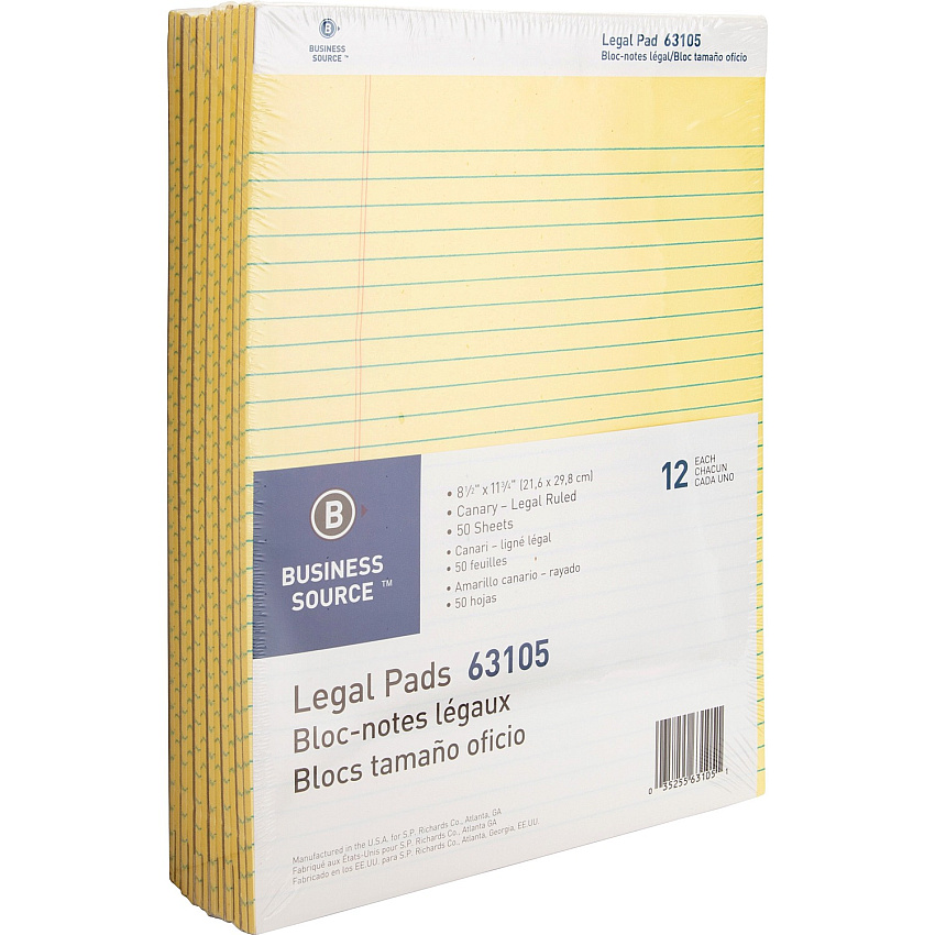 Business Source Micro-Perforated Legal Ruled Pads 50 Sheets - 0.34" Ruled - 16 lb Basis Weight - 8 1/2" x 11 3/4" Sheet Size - Canary Paper - Micro Perforated, Easy Tear, Sturdy Back - 12 / Dozen (BSN63105)