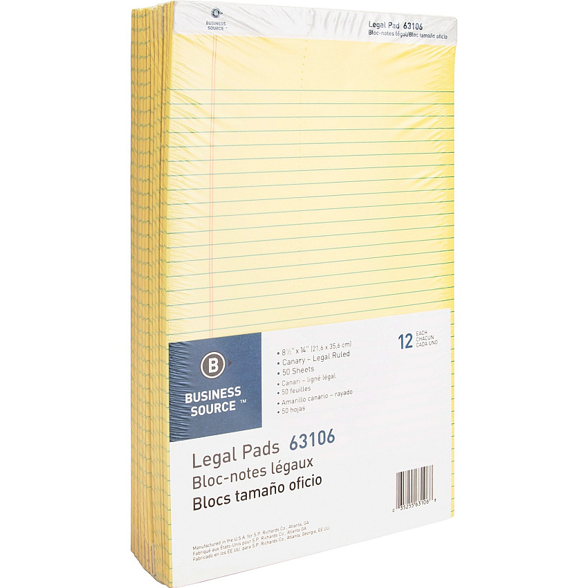 Business Source Legal Pads 50 Sheets - 0.34" Ruled - 16 lb Basis Weight - Legal - 8 1/2" x 14" Sheet Size - Canary Paper - Micro Perforated, Easy Tear, Sturdy Back - 12 / Dozen (BSN63106)