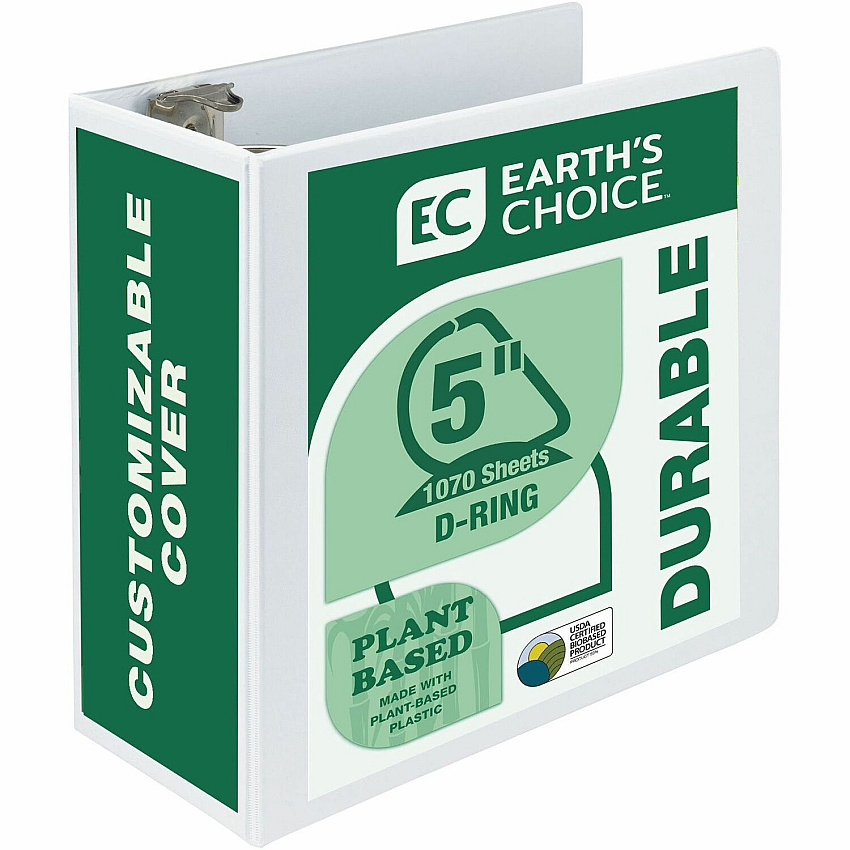 Samsill Earth's Choice Plant-based Durable View Binder 5" Binder Capacity - Letter - 8 1/2" x 11" Sheet Size - 1070 Sheet Capacity - Fastener: D-Ring - Pocket: 2 - Plastic, Chipboard - White - 1.76 lb - Recycled - Archival-safe, Clear Overlay, Loc (16907)